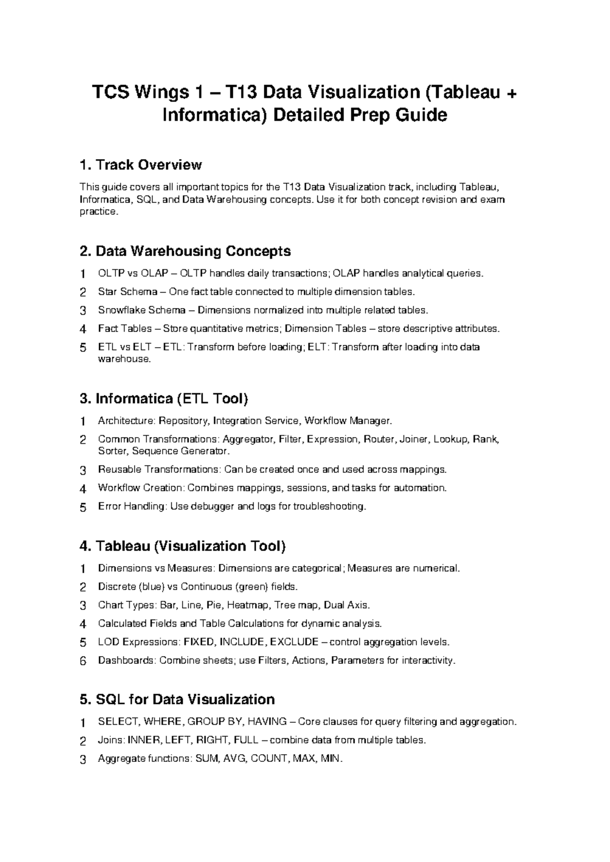 TCS Wings 1 T13 Data Visualization (Tableau & Informatica) Cheat Sheet ...