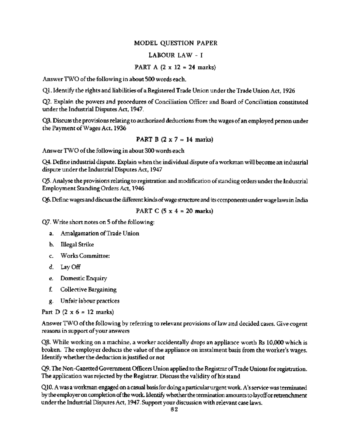 Model Question Paper Labour Law - Industrial And Labour Laws - II - Studocu