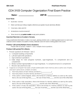 CDA 3103 Module 6 Assignment - CDA 3103 Computer Organization Module 6 ...