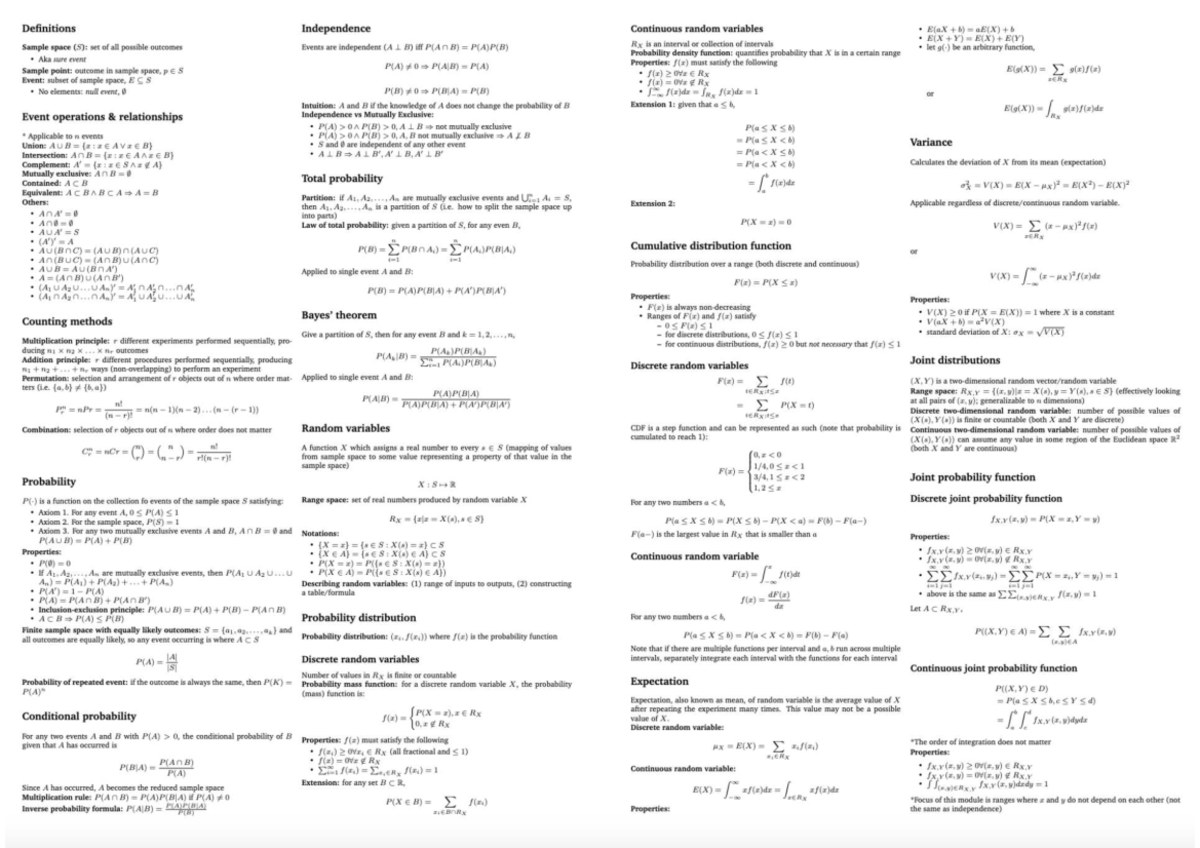 ST2334 Midterm Cheatsheet: Independence & Continuous Random Variables ...