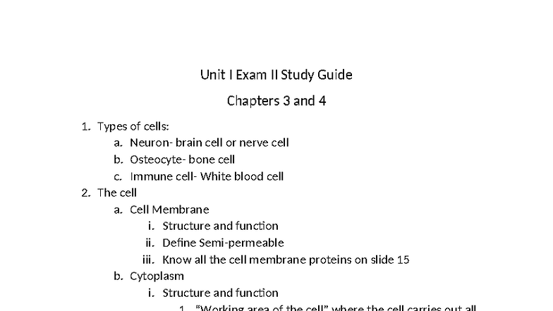 Unit I Exam II Study Guide: Cell Types & Functions in Chapters 3-4 ...