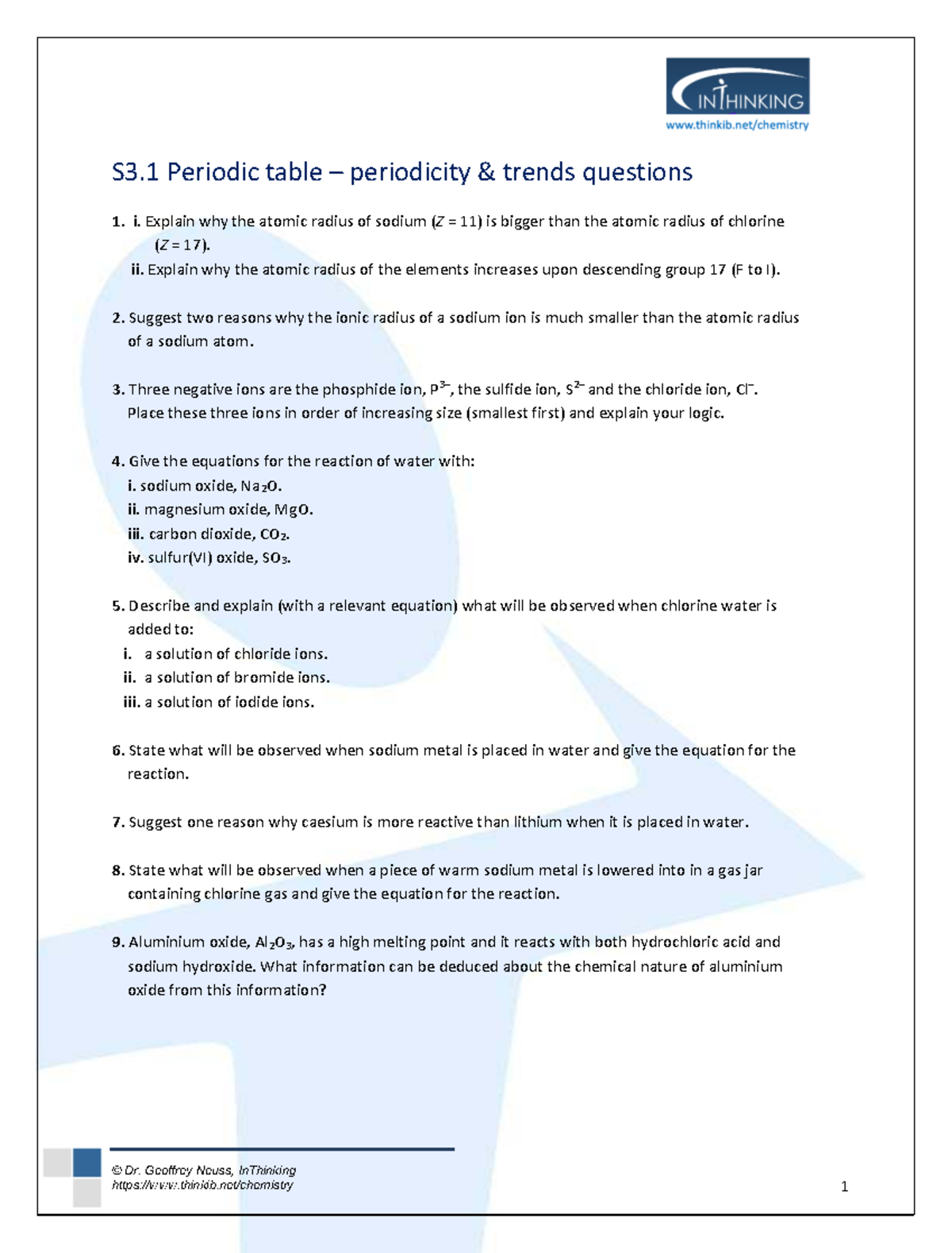 S3.1 Periodic Table Trends - Questions and Explanations - Studocu