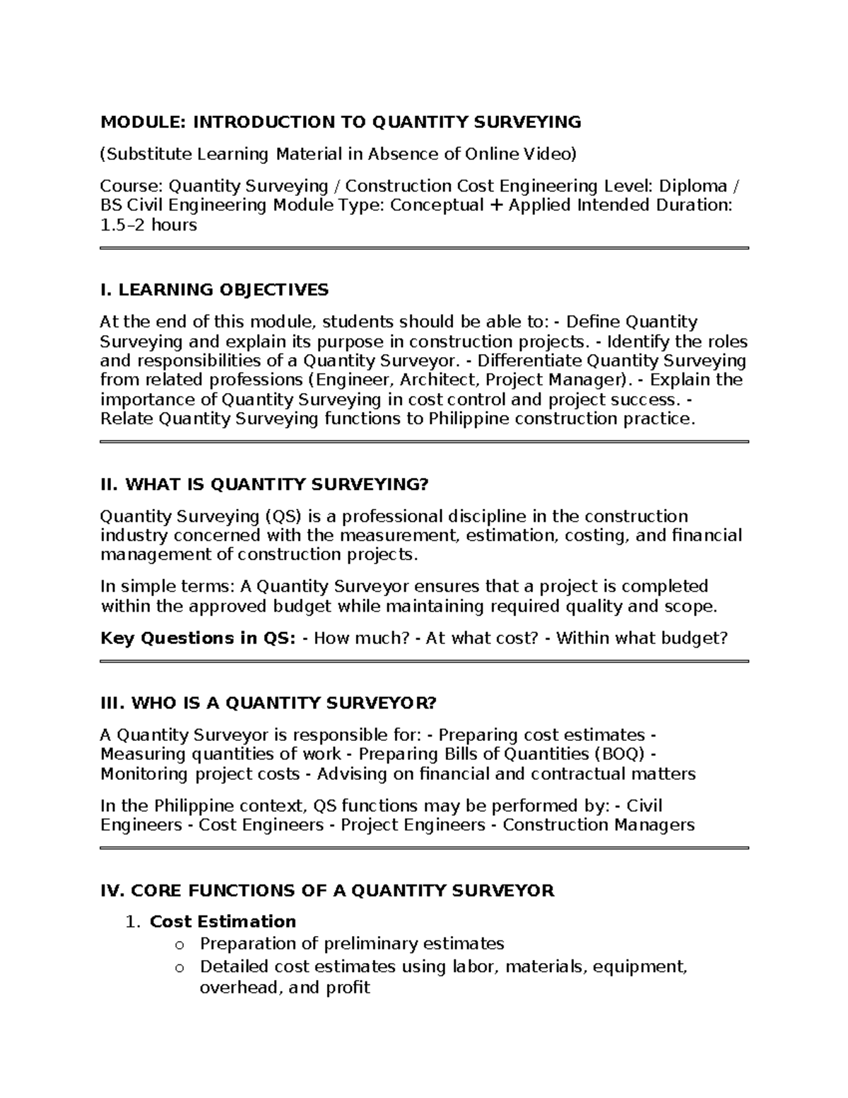 Quantity Surveying Module: Introduction to QS Concepts and Practices ...