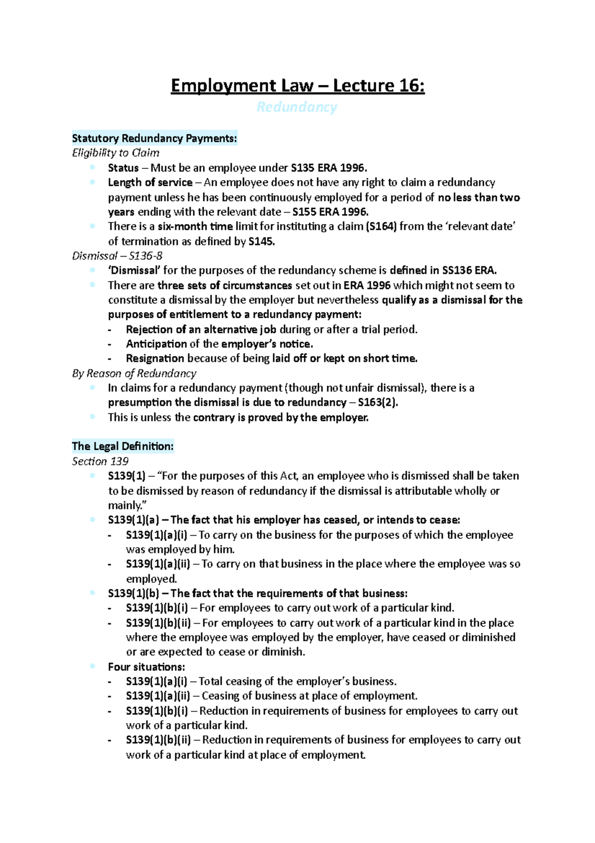 Employment Law Lecture 16: Understanding Redundancy Rules - Studocu