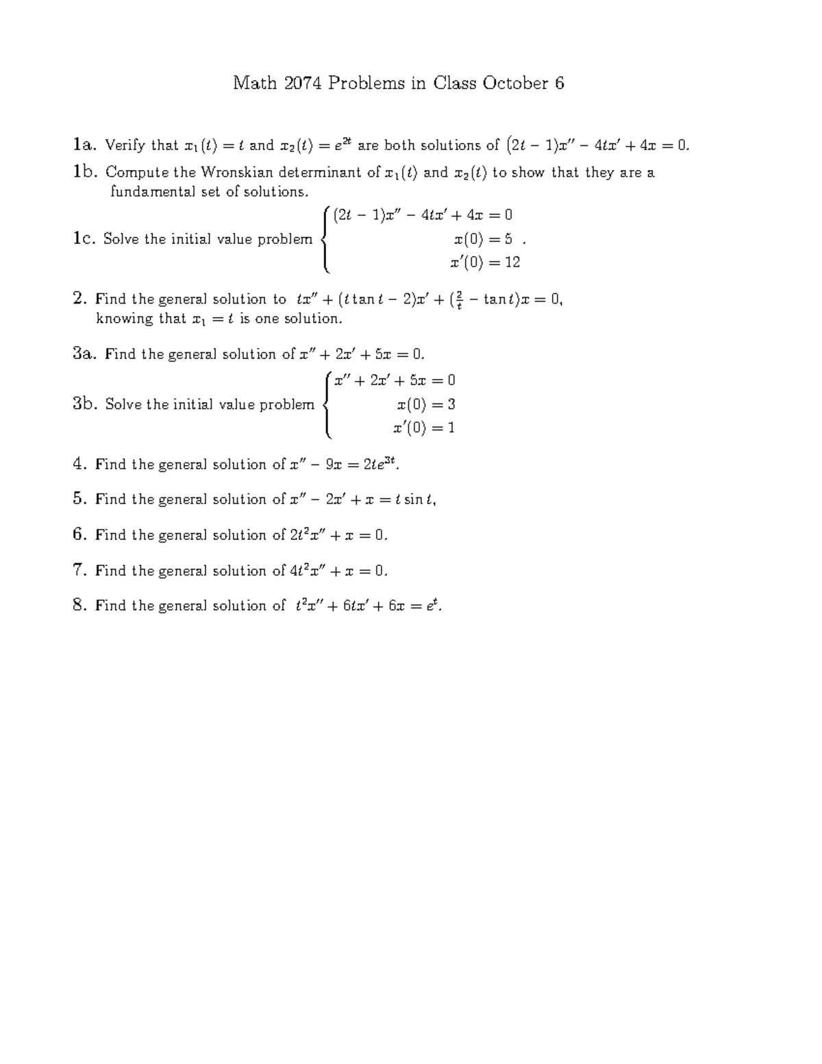 Math 2074 Review Problems: Solutions & Wronskian Analysis - Studocu