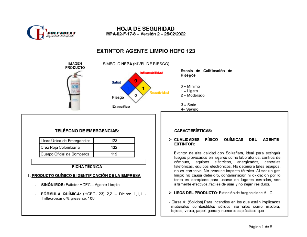 HS Extintor HCFC 123 - Hoja de Seguridad y Ficha Técnica MPA-02-F-17-8 ...