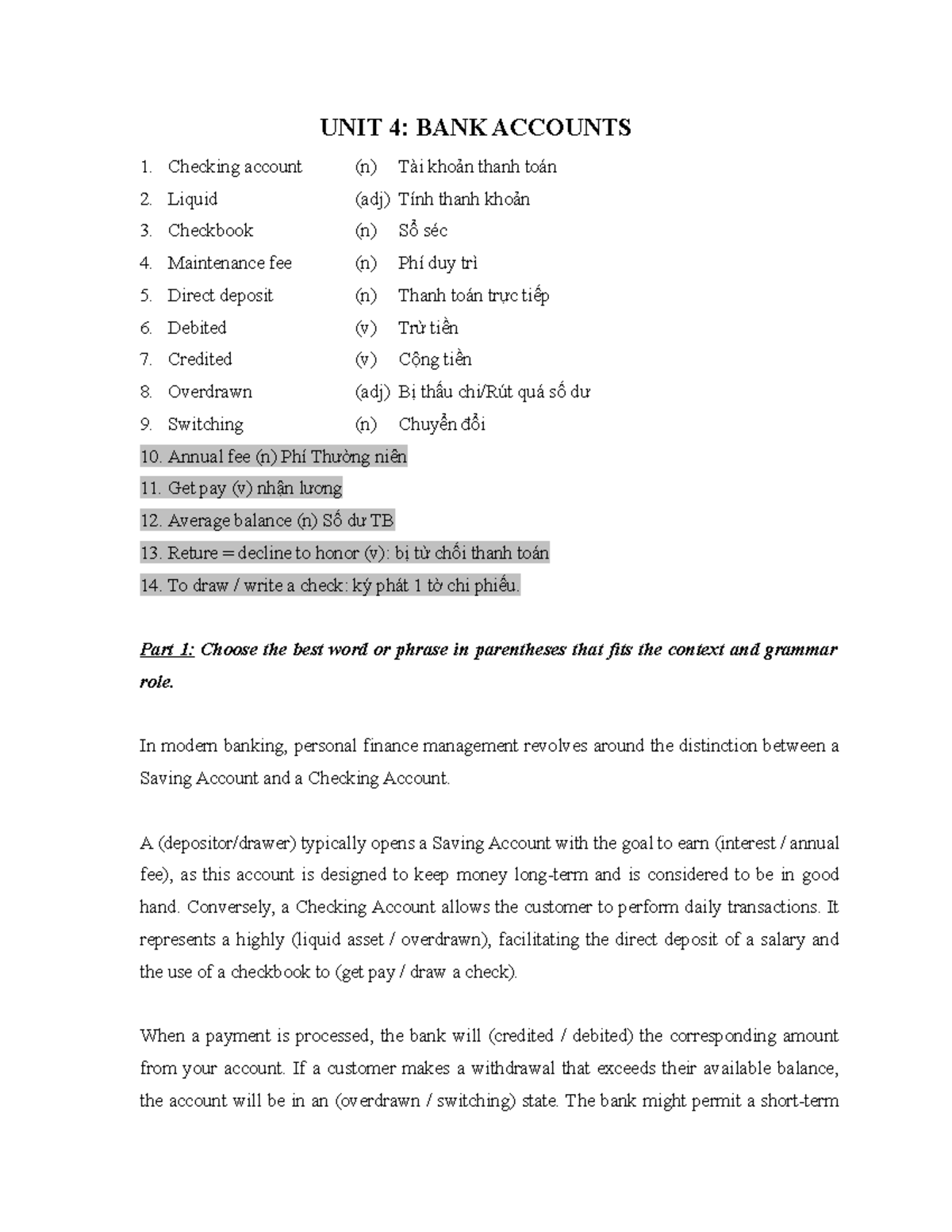 UNIT 4: BANK ACCOUNTS - Key Terms & Concepts for ENG 22 - Studocu