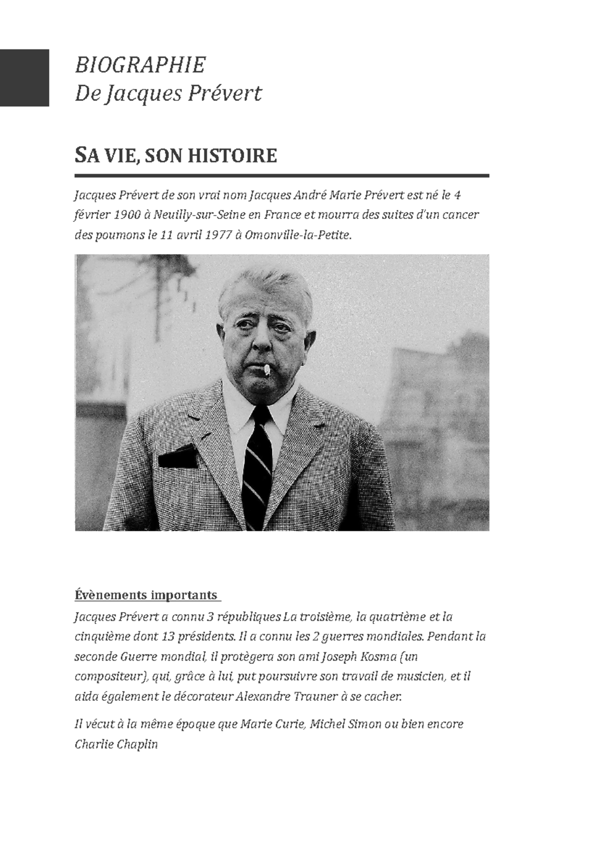 Jacques prévert copie - BIOGRAPHIE De Jacques Prévert SA VIE, SON ...