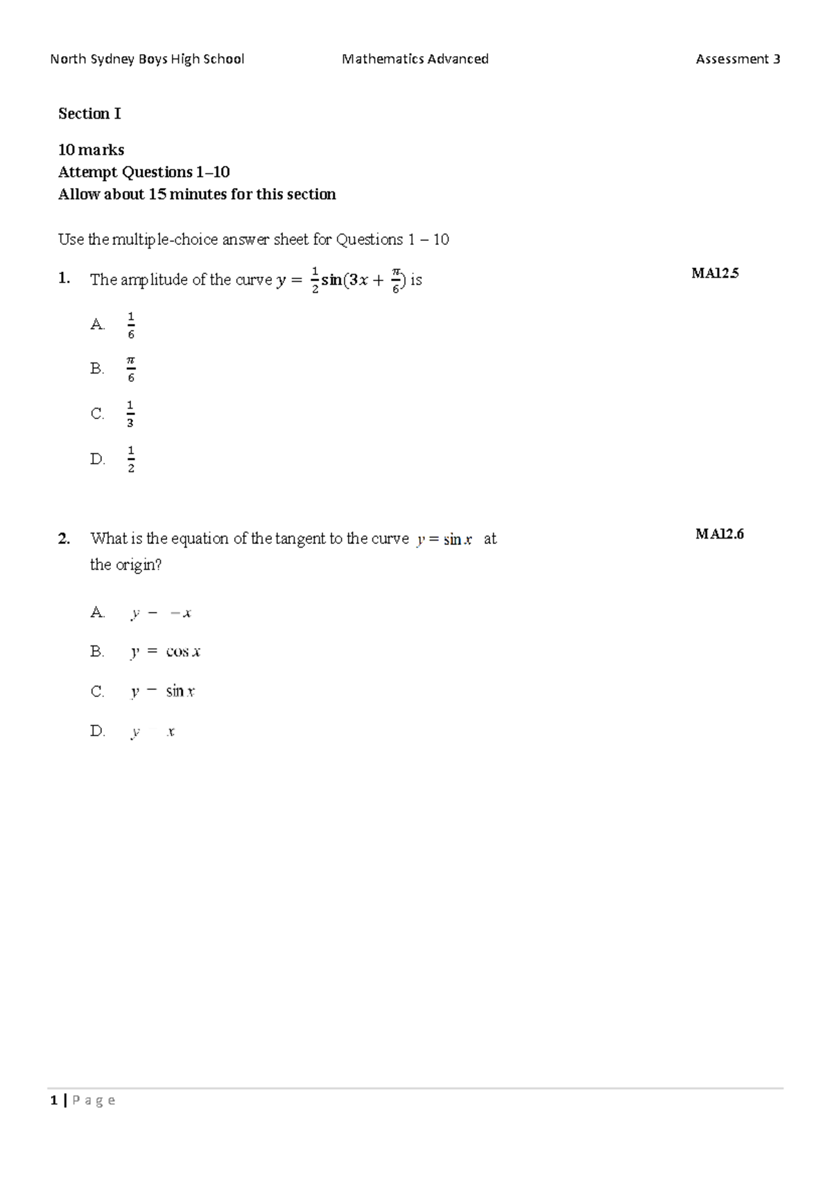 North Sydney Boys High School Mathematics Advanced Assessment 3 ...