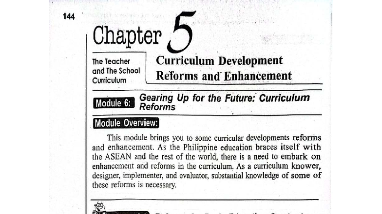 CS 144 Chapter 5: Teacher Curriculum Development & School Reforms - Studocu