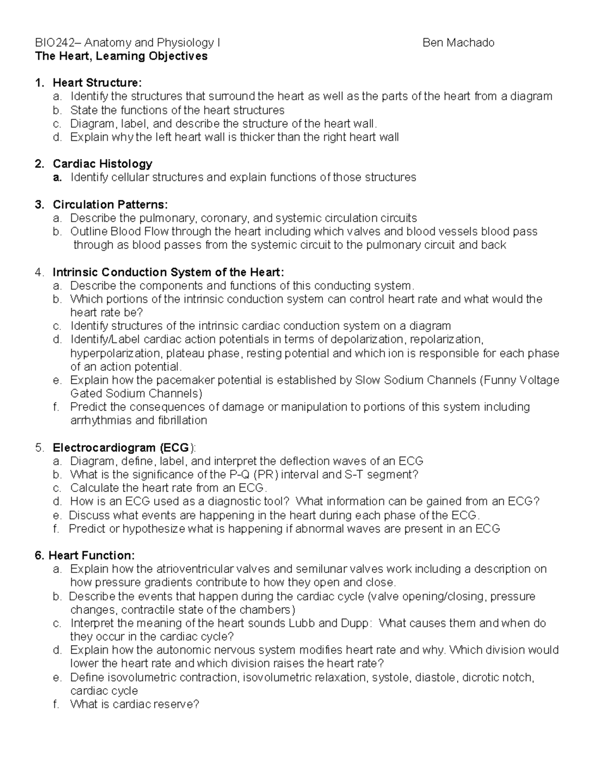 BIO242: Anatomy and Physiology I - The Heart Learning Objectives ...