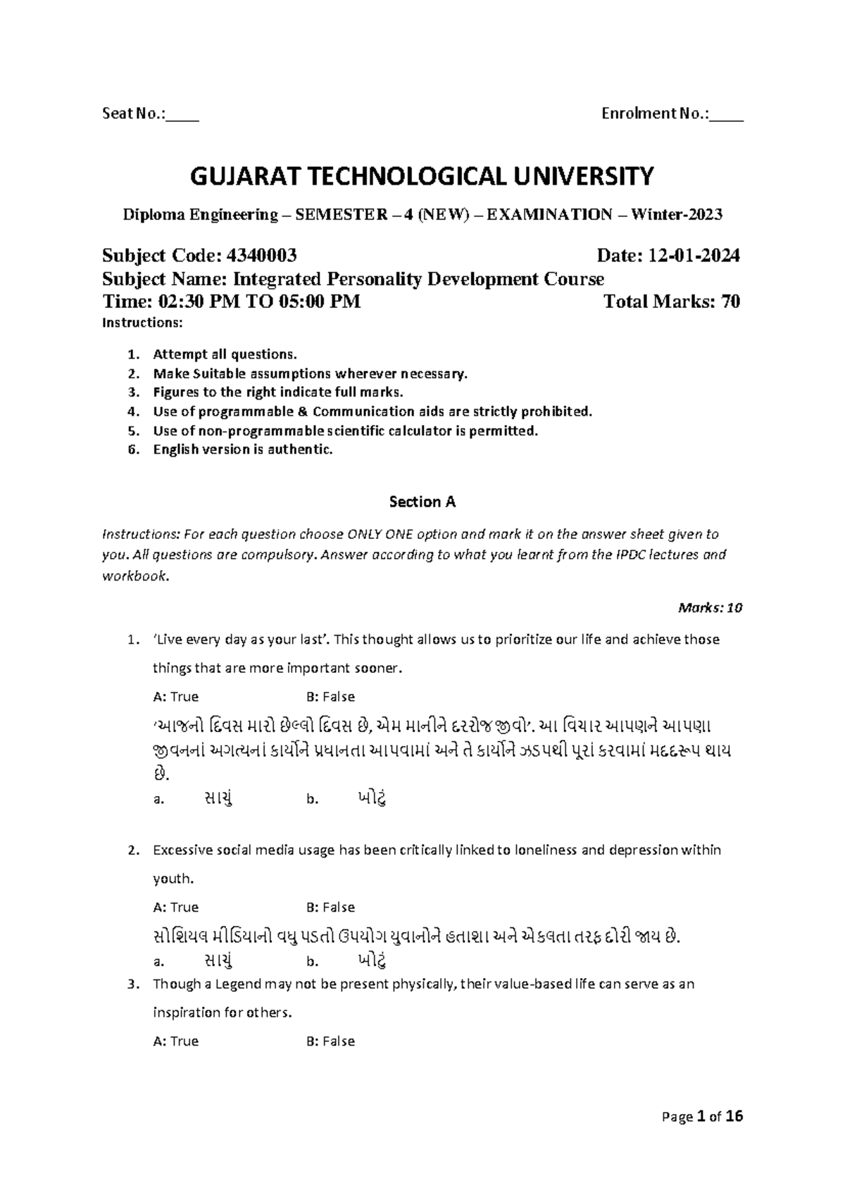Integrated Personality Development Course - Exam 4340003 - Winter 2023 ...
