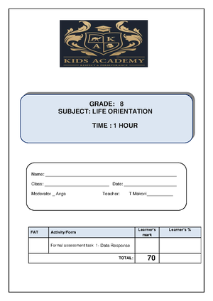Grade 8 Life Orientation June 2022 Exemplar Question Paper (70 Marks ...
