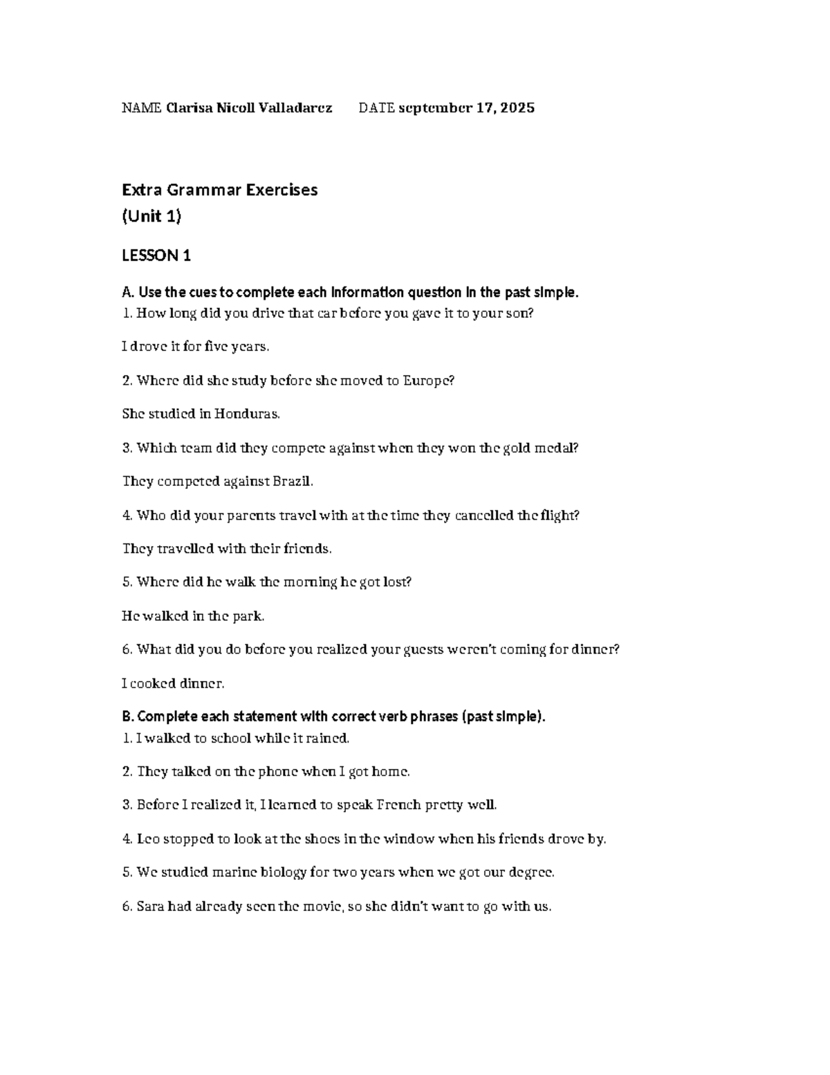 Extra Grammar Exercises (Unit 1) - Lesson 1 - Studocu