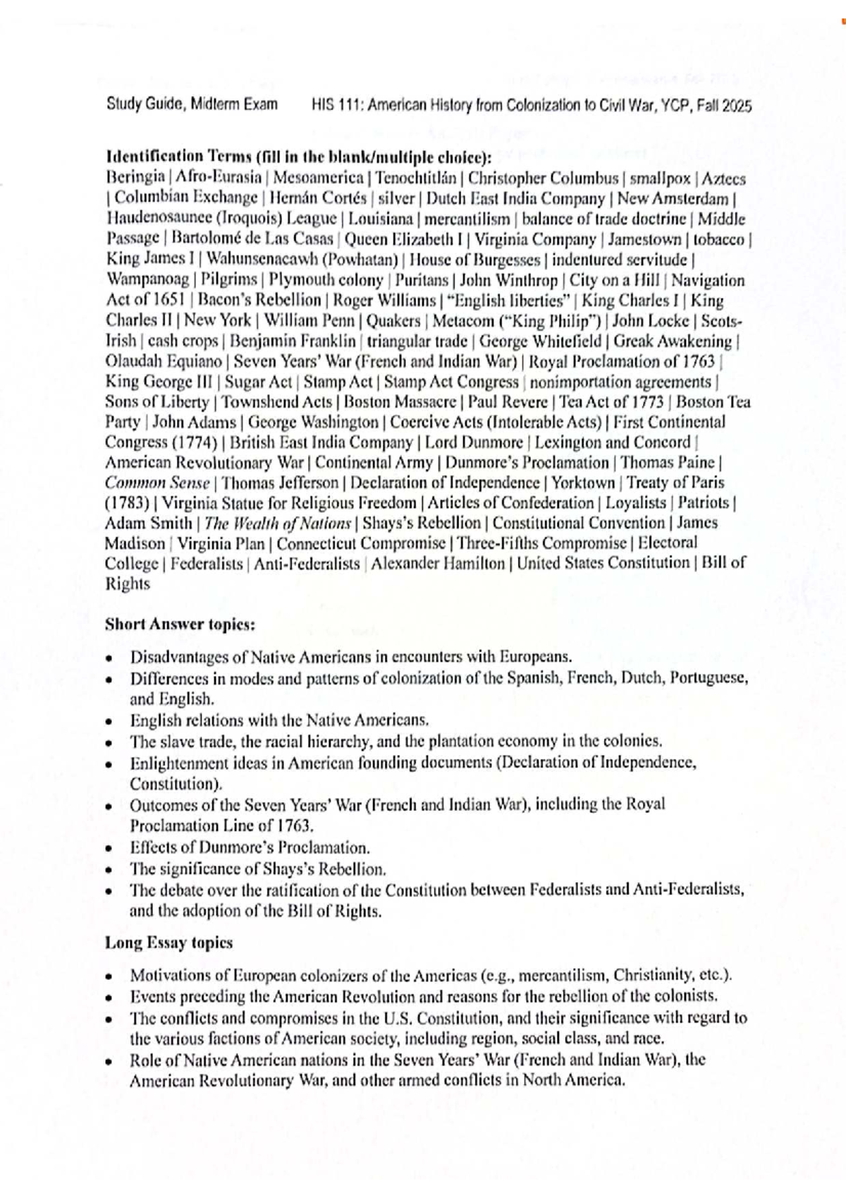 Midterm Study Guide: HIS American History to Civil War, YCP Fall 2025 ...