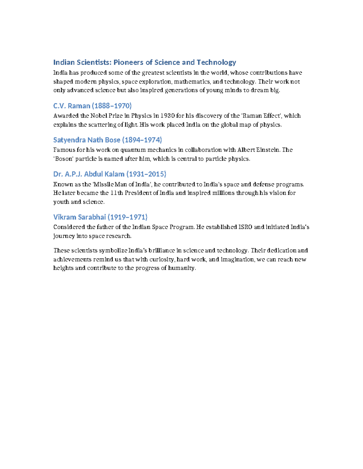 Indian Scientists: Pioneers in Science & Tech Contributions - Studocu