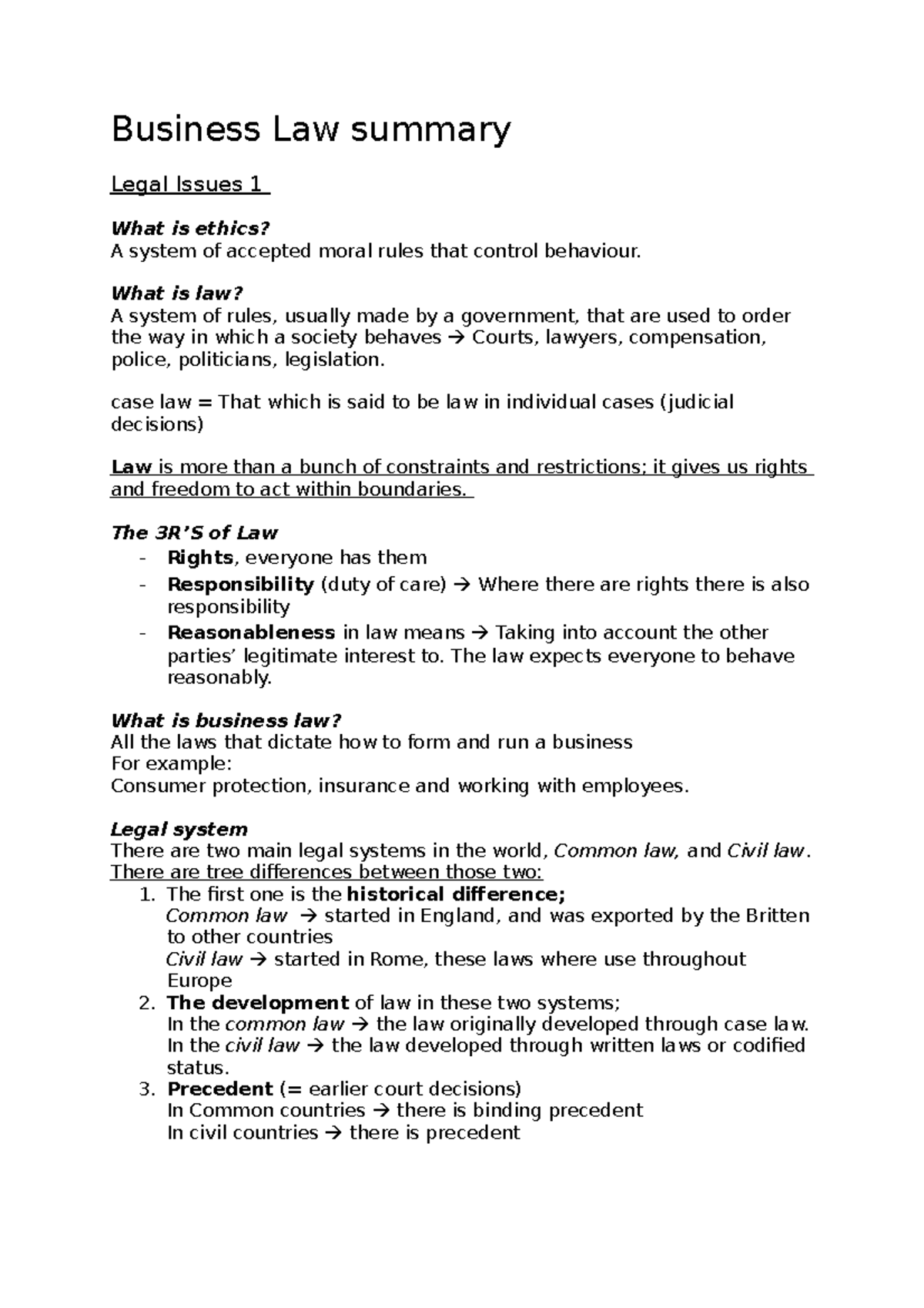 Business Law Summary: Key Concepts and Legal Principles - Studeersnel