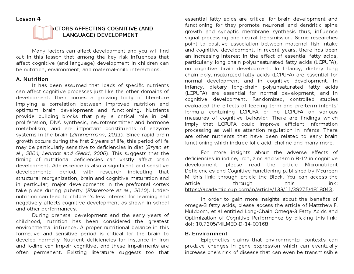 Lesson 4: Factors Influencing Cognitive & Language Development - Studocu