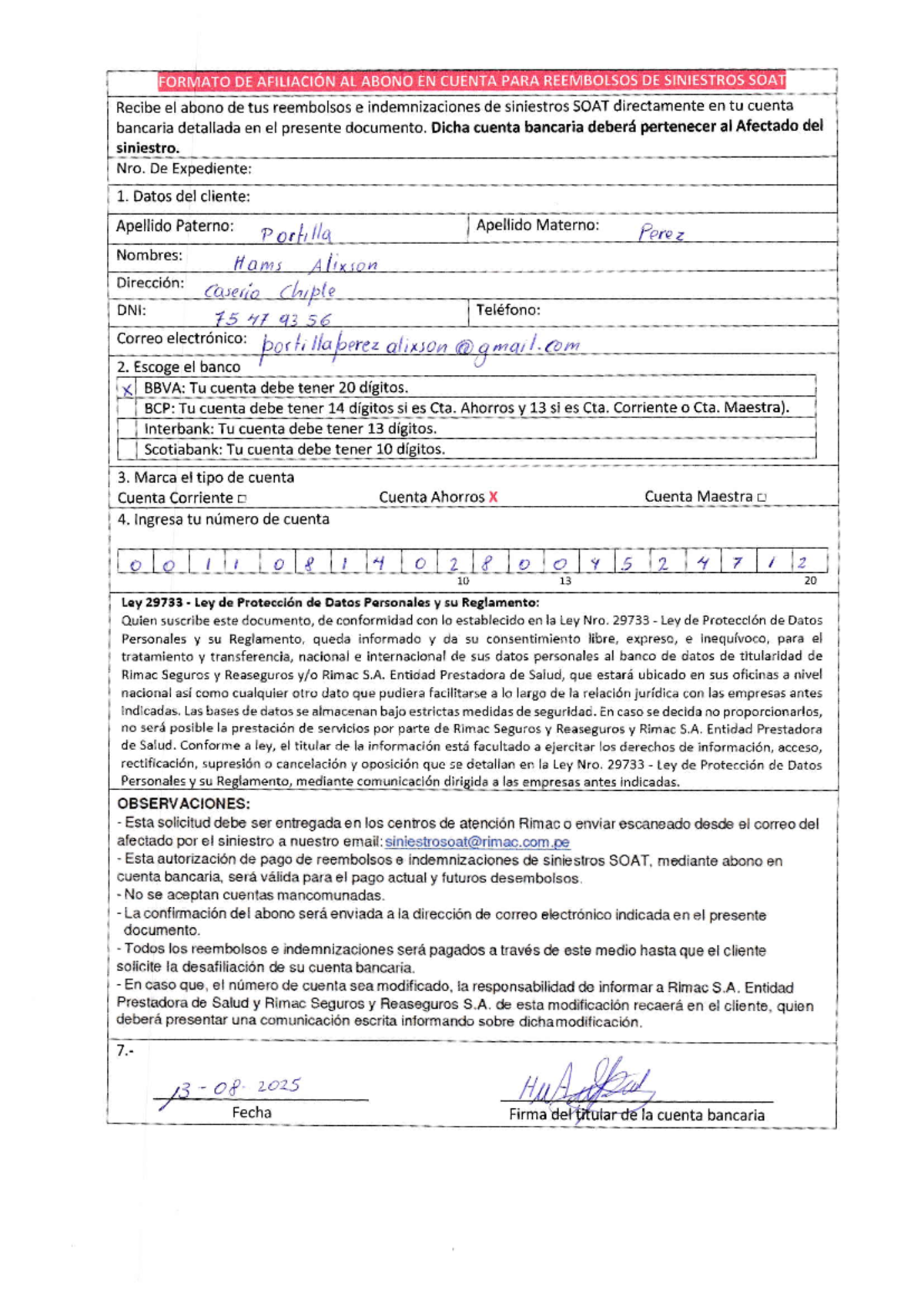 Formato de Afilación para Reembolsos SOA - Rimac Seguros - Studocu