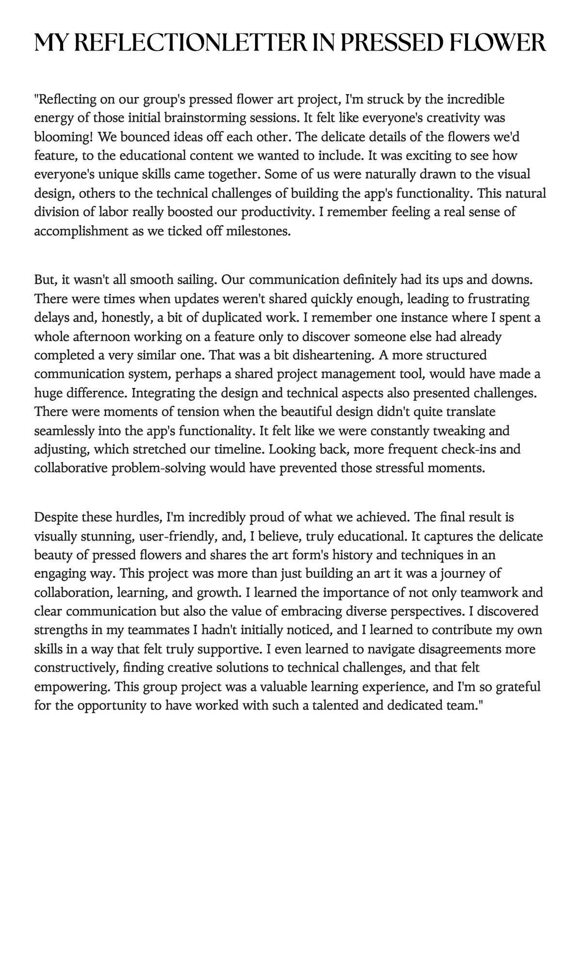 MY Reflection Letter on Pressed Flower Art Project Collaboration - Studocu