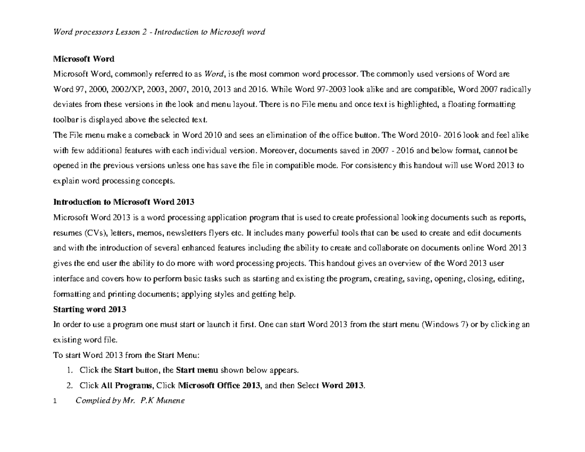 Wordprocessors Lesson 2 - Introduction to Ms Word - Microsoft Word ...