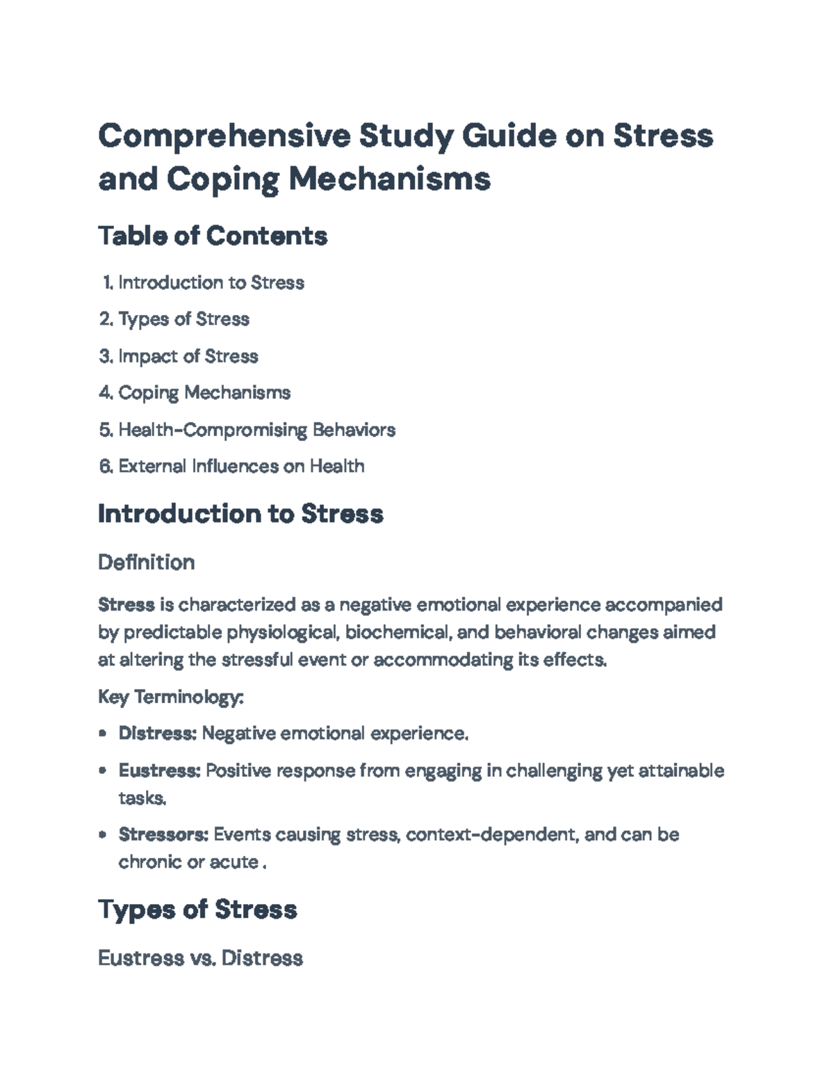 Comprehensive Study Guide on Stress and Coping Mechanisms - Key ...