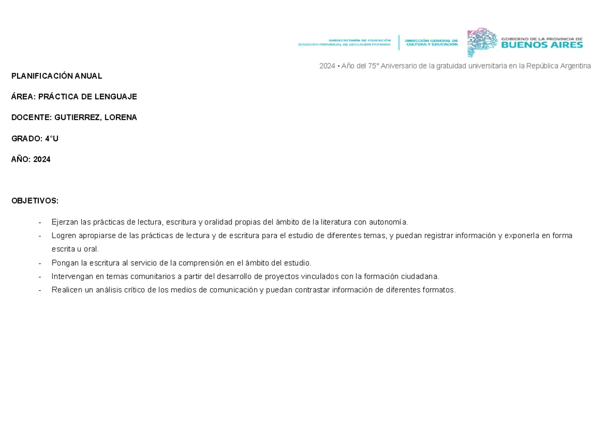 Planificación Anual de Matemática 4°U - Mate Anual 2024 - Studocu