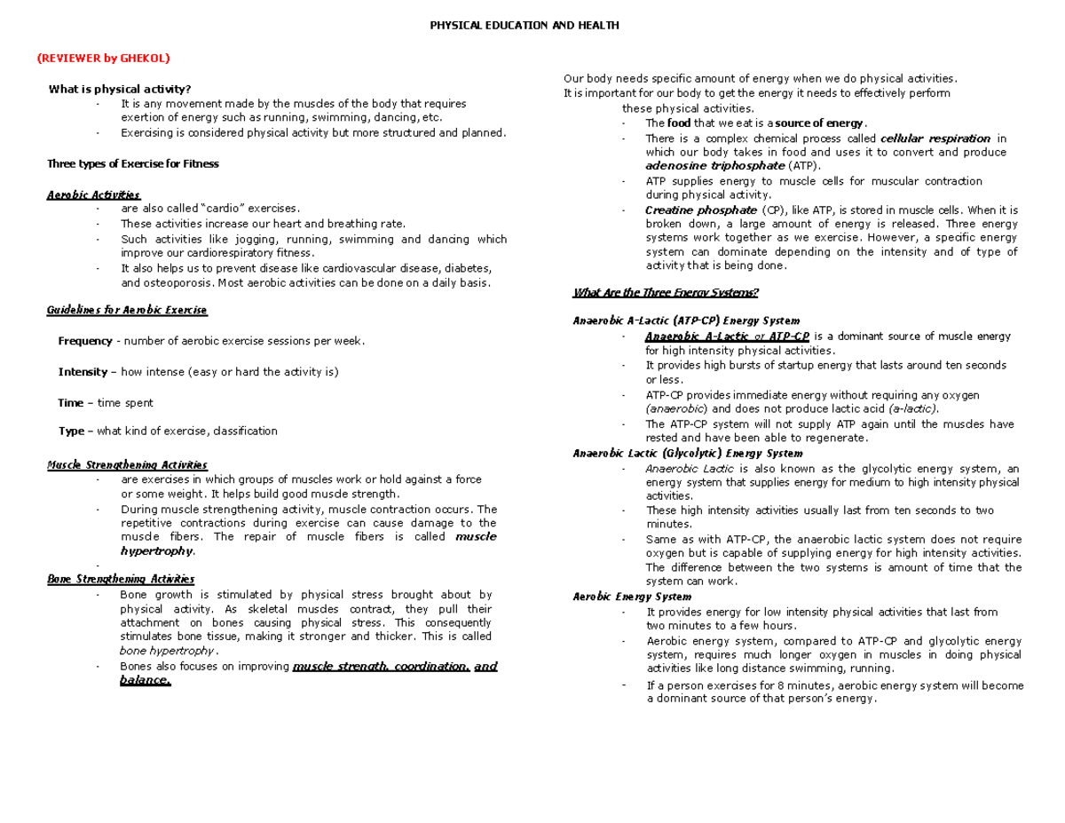 PEH Physical Activity and Health Reviewer 2024 - Studocu