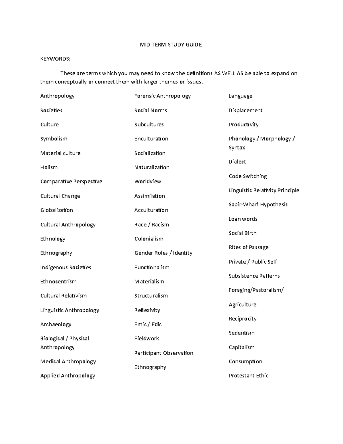 Midterm Studyguide - Study guide - MID TERM STUDY GUIDE KEYWORDS: These ...