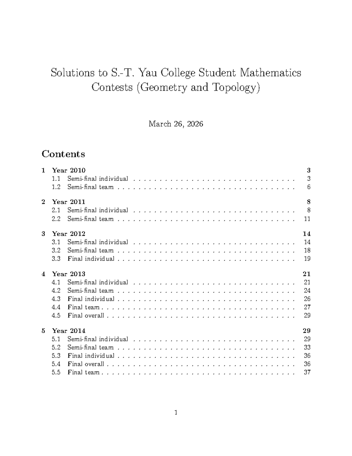 Solutions to S T Yau College Math Contest: Geometry & Topology - Studocu