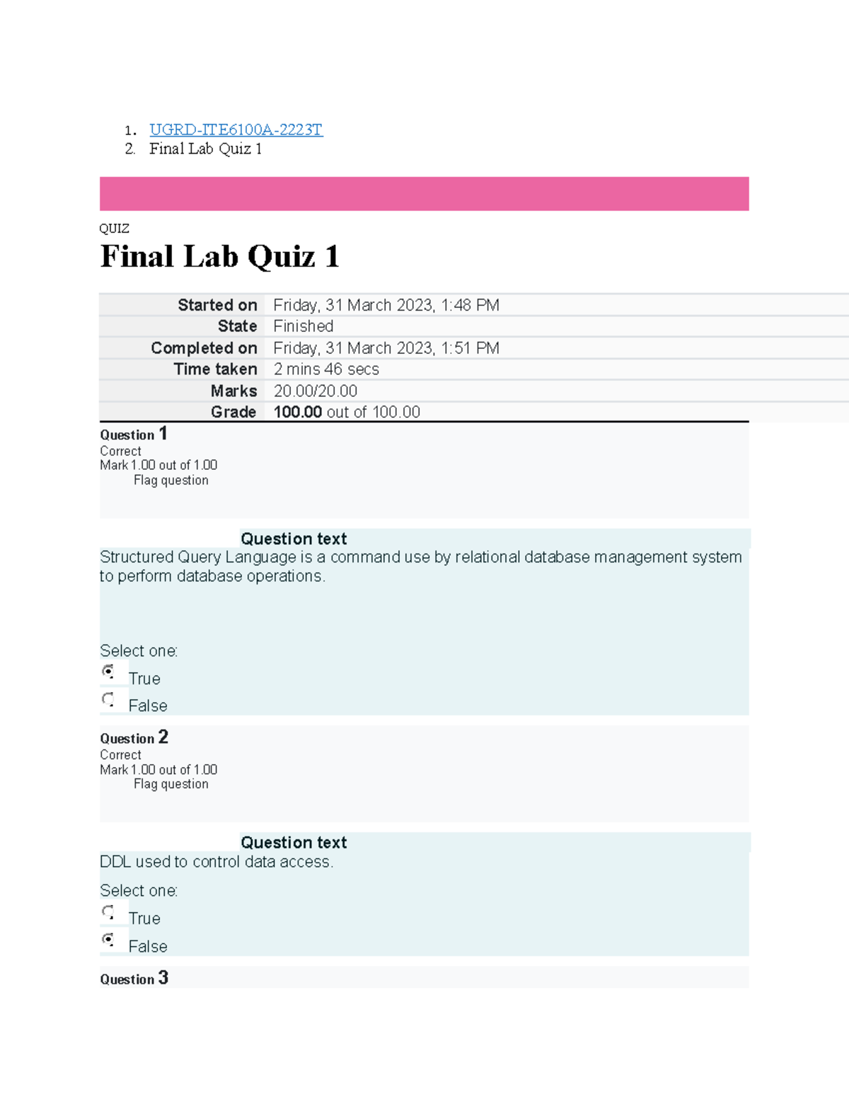 UGRD-ITE6100A Fundamentals of Database Final Lab Quiz 1 - 1. UGRD ...