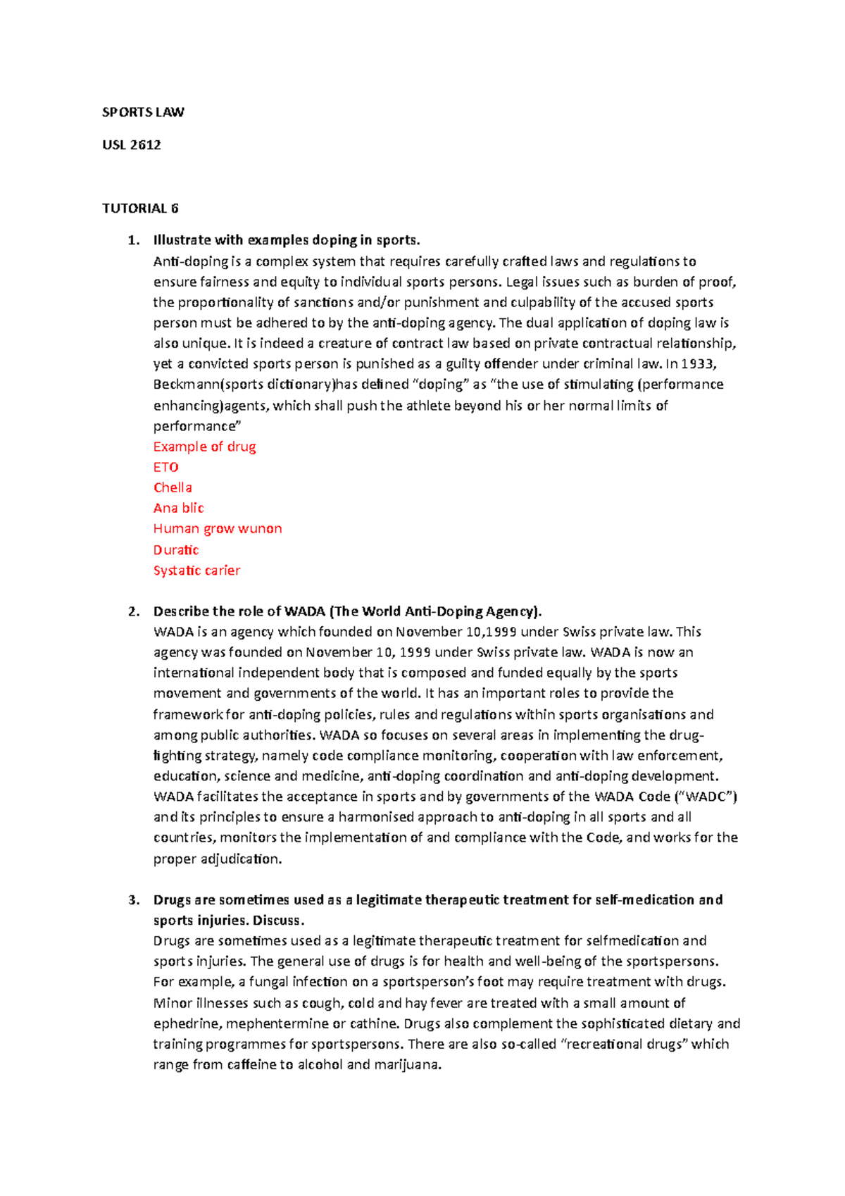 Sport Law Tutorial 6 - red colour is answer given by mdm - SPORTS LAW ...