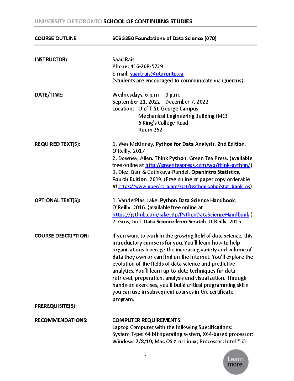 SCS 3250 Foundations of Data Science Course Outline and Syllabus - Studocu
