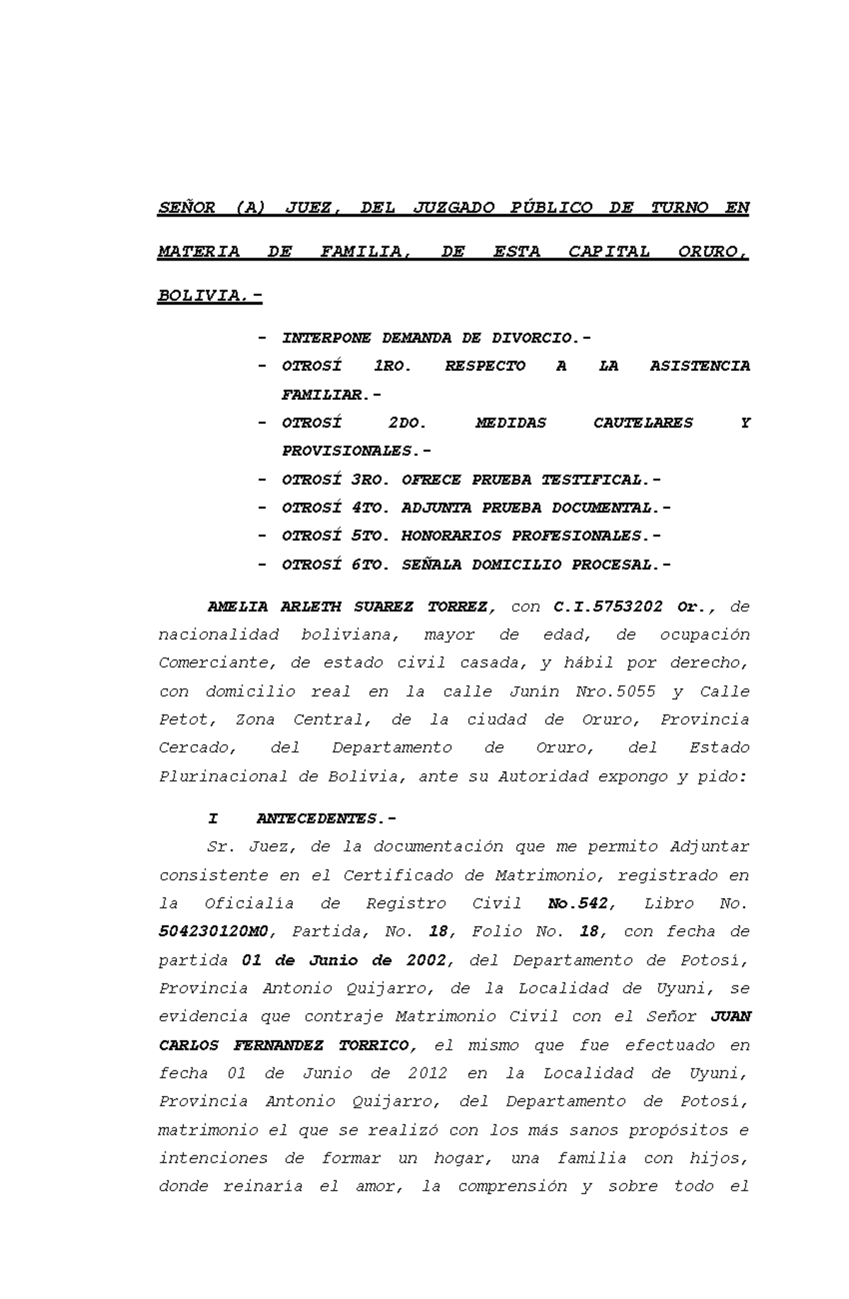Memorial de Divorcio y Solicitud de Asistencia Familiar - Cód. Ley 603 - Document Preview