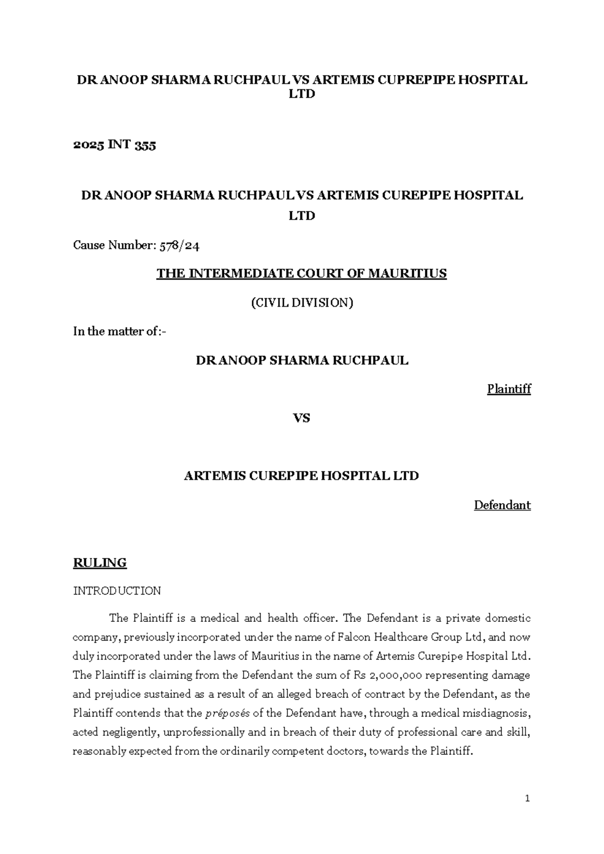 Case Study: Dr. Anoop Sharma Ruchpaul vs. Artemis Curepipe Hospital Ltd ...