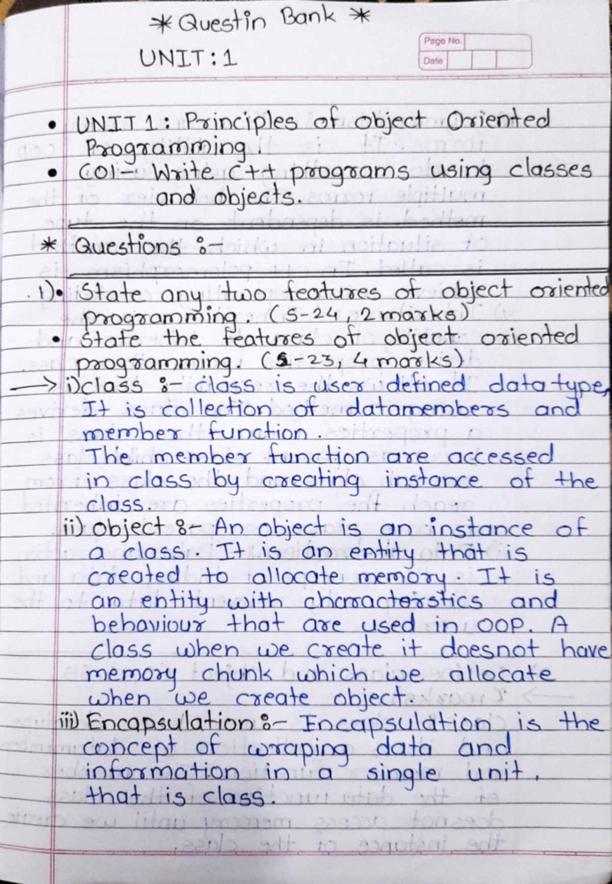 OOP unit1 Ans - opps notes - Questin Bank Page No. UNIT: 1 Date UNIT 1 ...