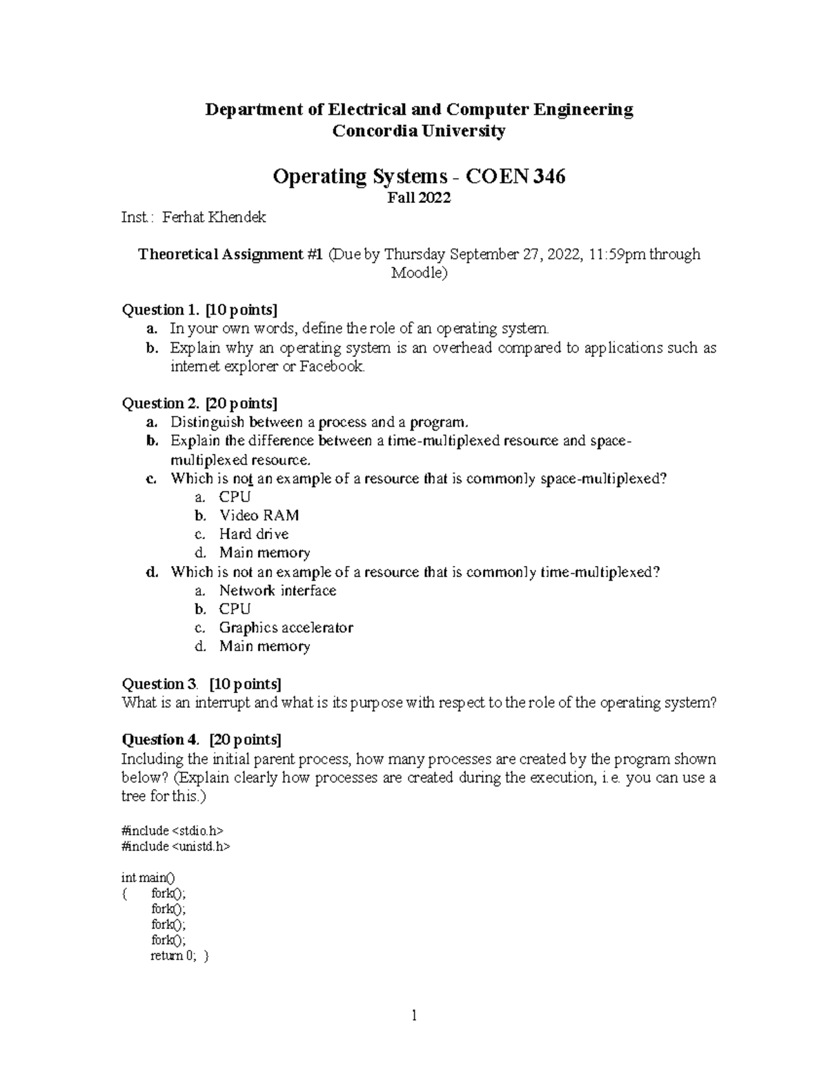 COEN 346 Fall 2022 Theory Assignment #1: Operating Systems Concepts ...