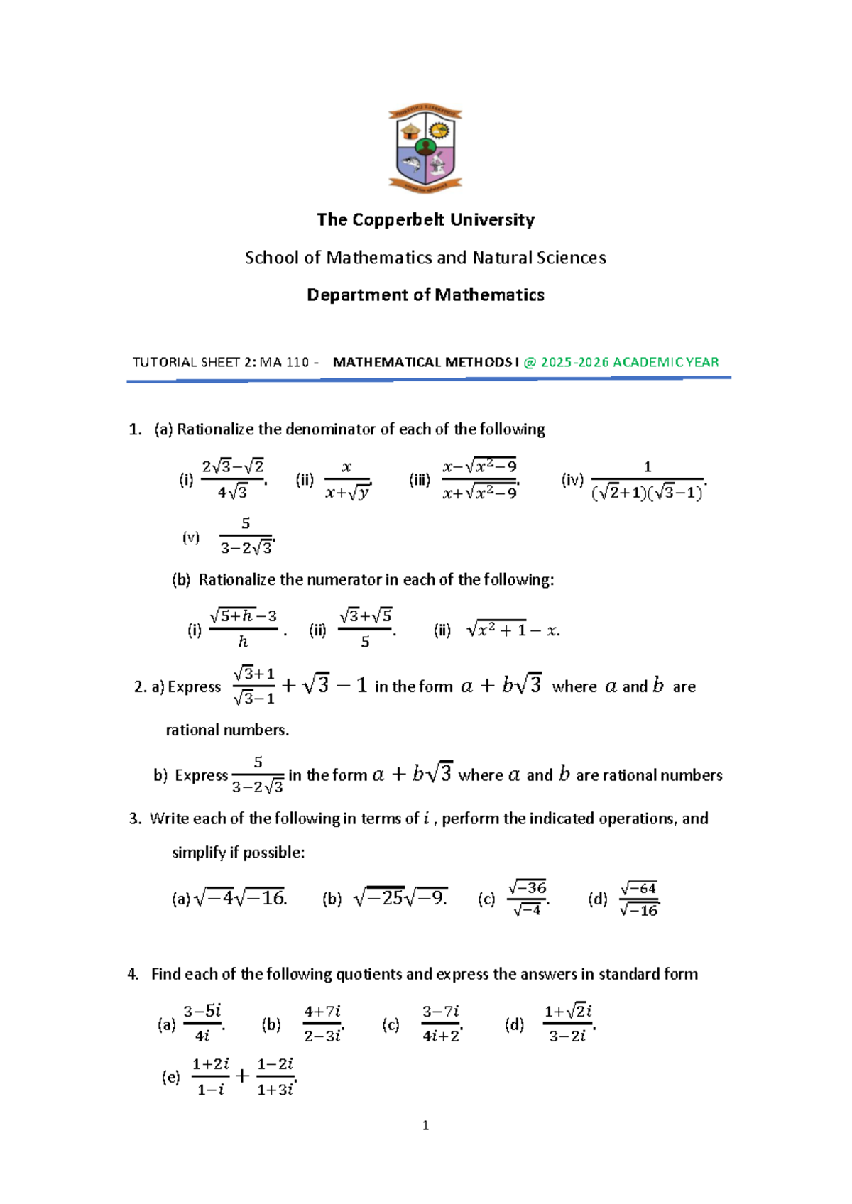 MA 110 Tutorial Sheet 2: Rationalizing Denominators & Numerators - Studocu