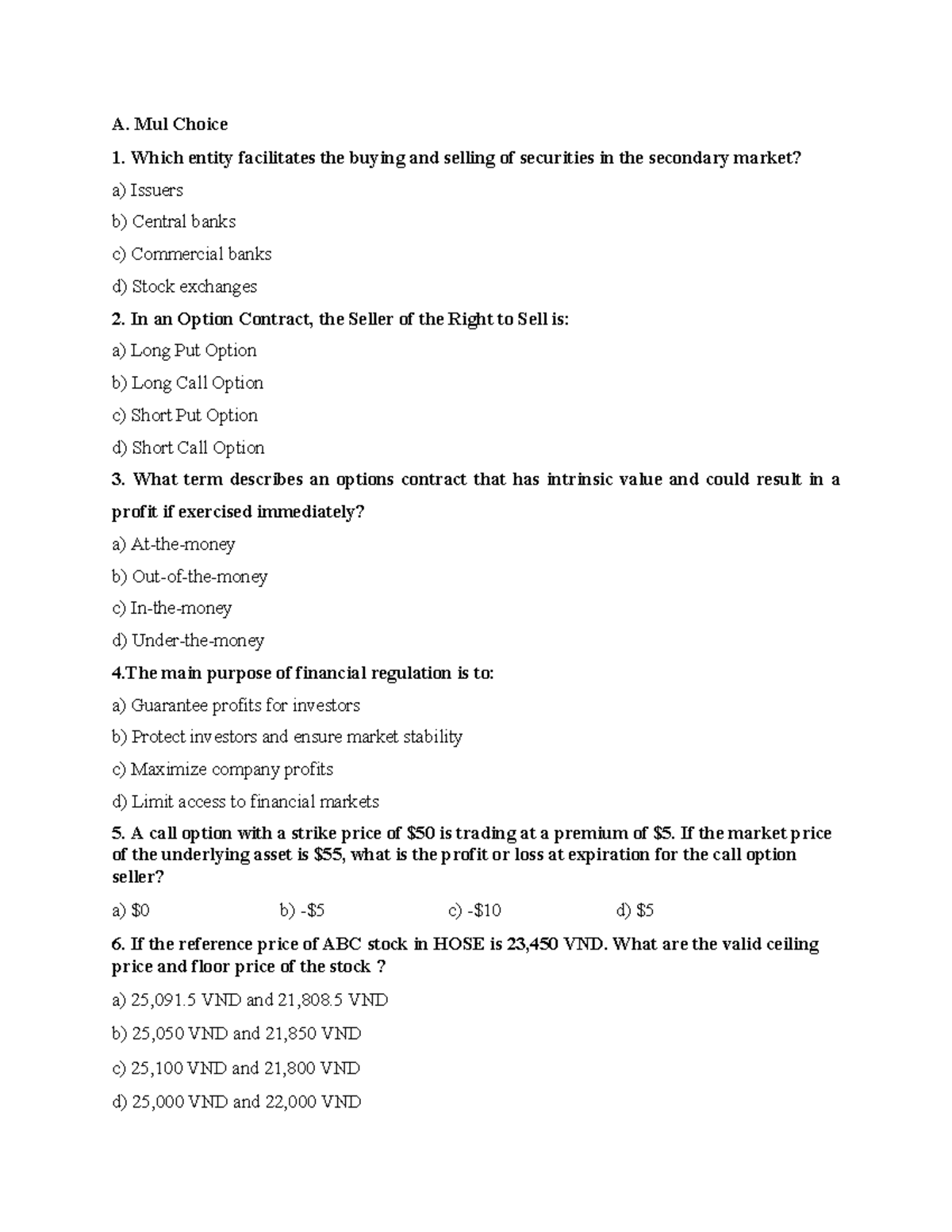 TTCK 01: Multiple Choice & Essay Questions on Securities Trading - Studocu