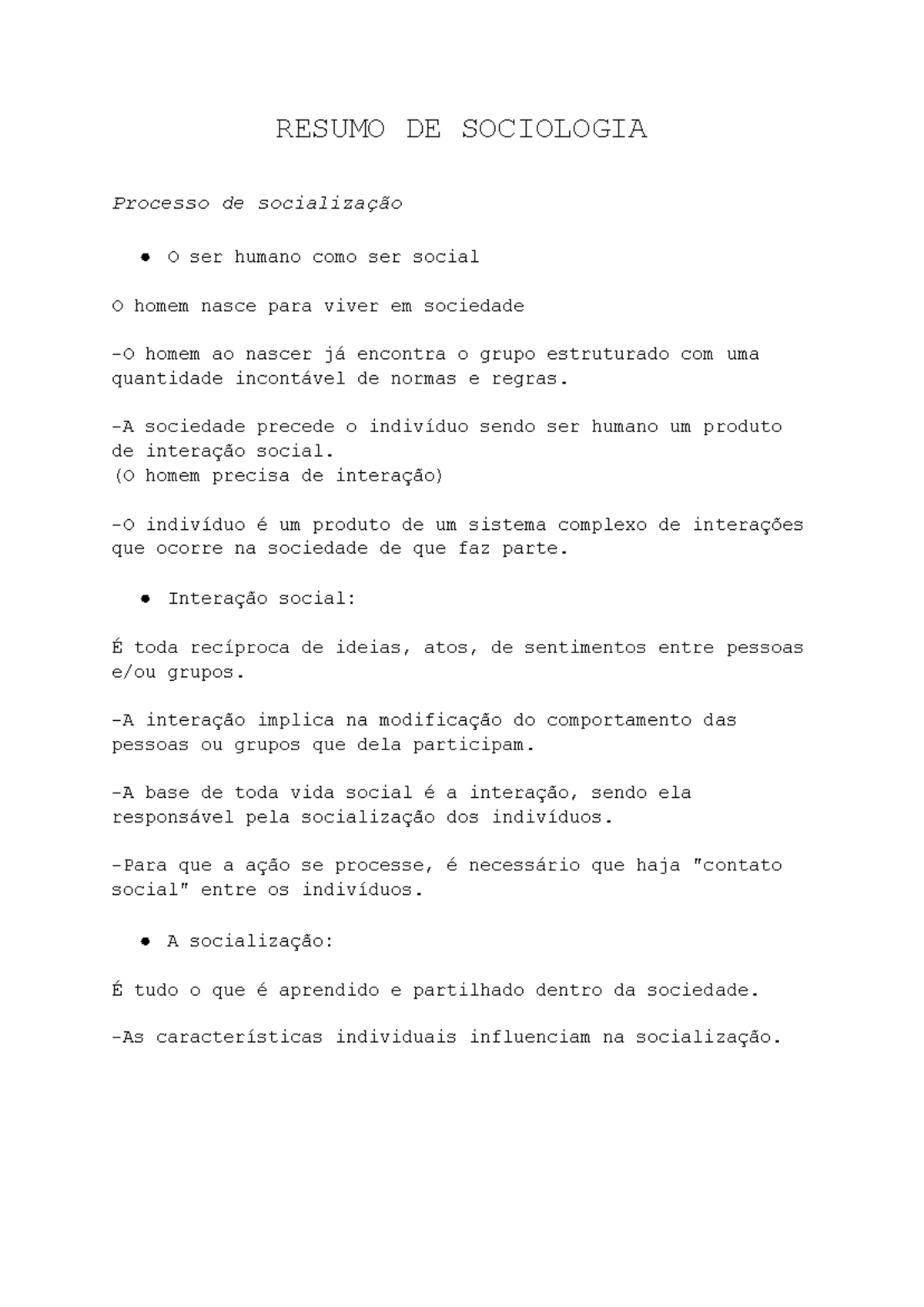 Resumo de Sociologia 1: Processo de Socialização e Habitus - Studocu