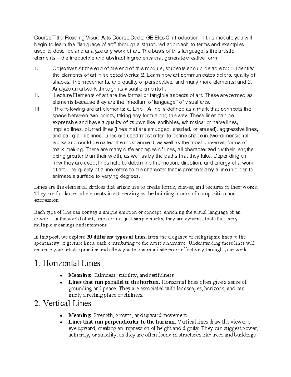 Visual Arts Notes: GE Elec 3 - Elements of Art and Analysis - Studocu