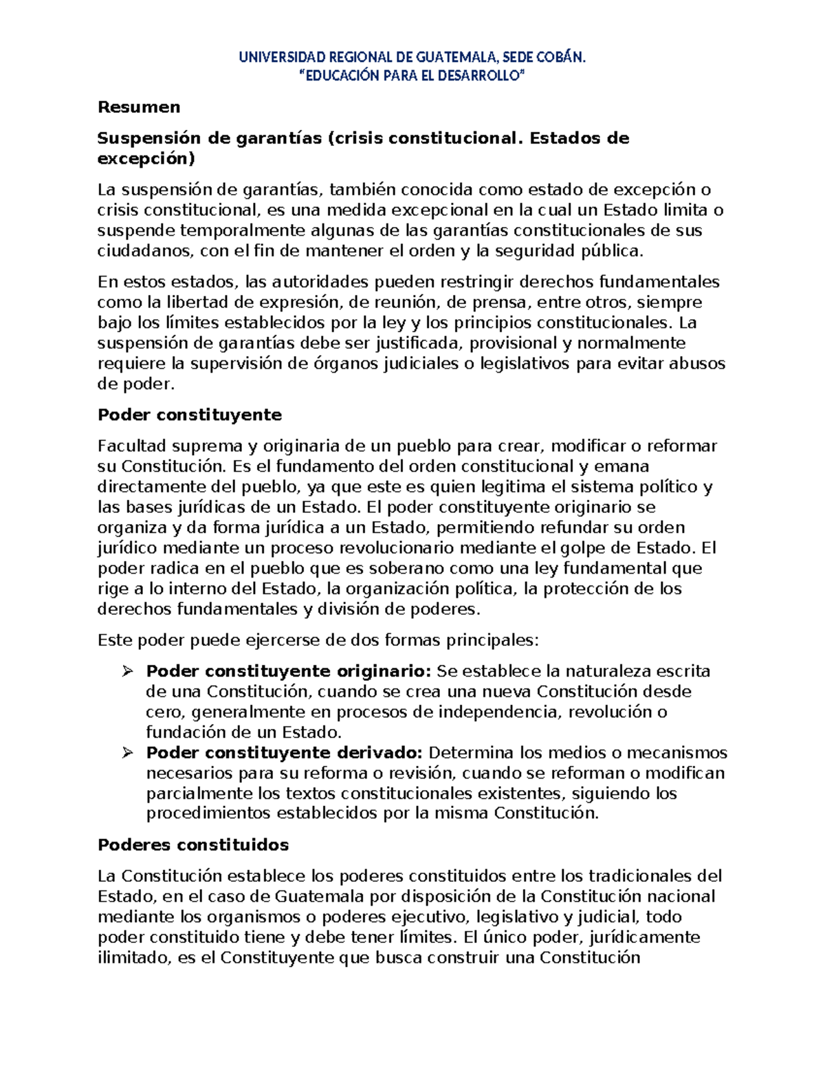 Derecho Constitucional: Suspensión de Garantías y Poderes Constituidos ...