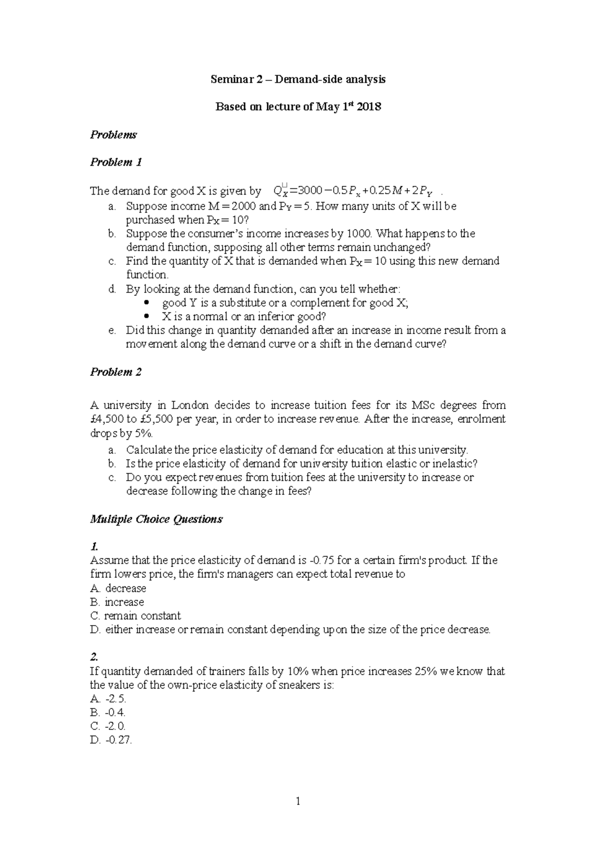 Seminar 2 - Seminar 2 – Demand-side analysis Based on lecture of May ...