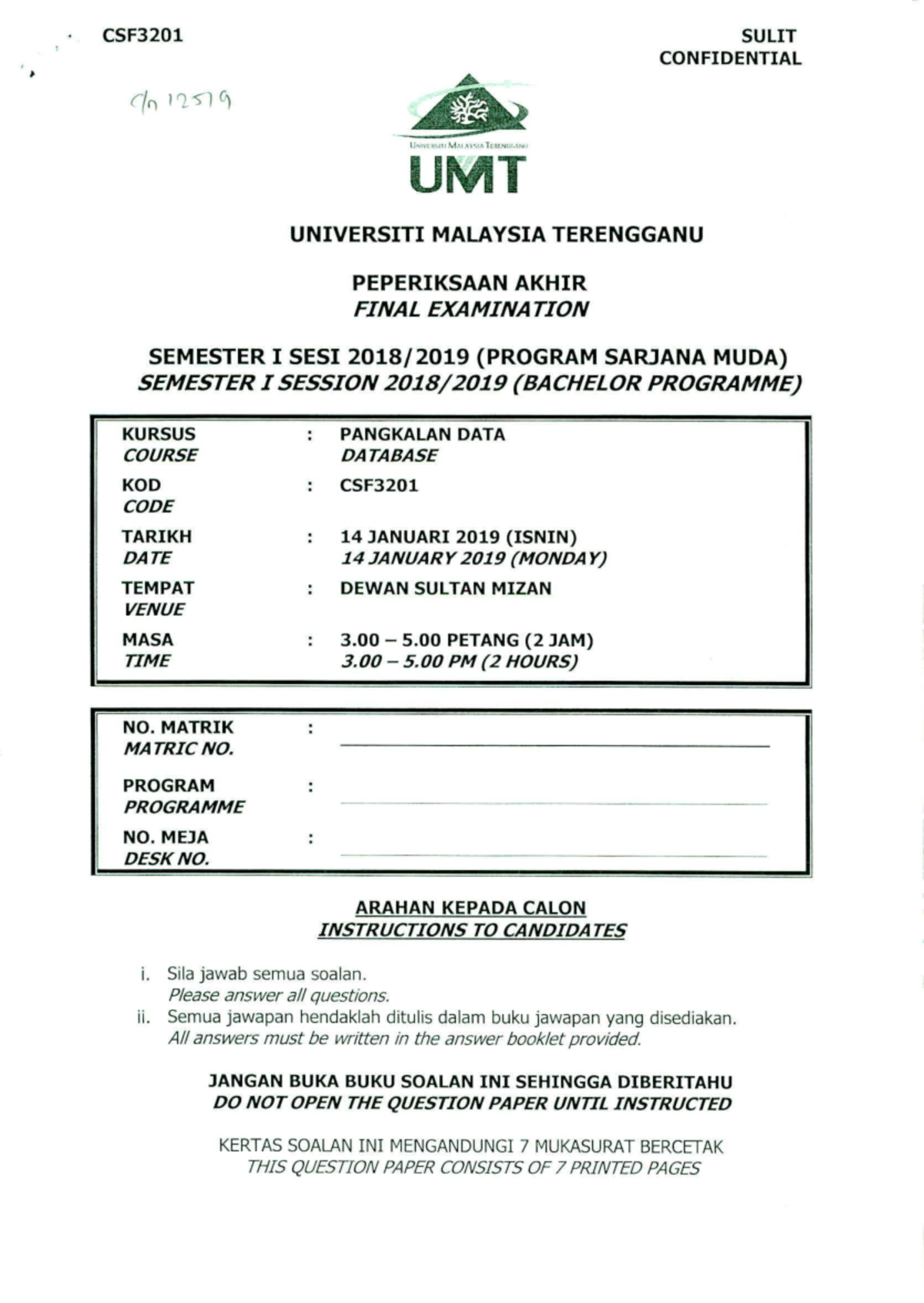 CSF3201 Final examination database course semester I 2019 - Studocu