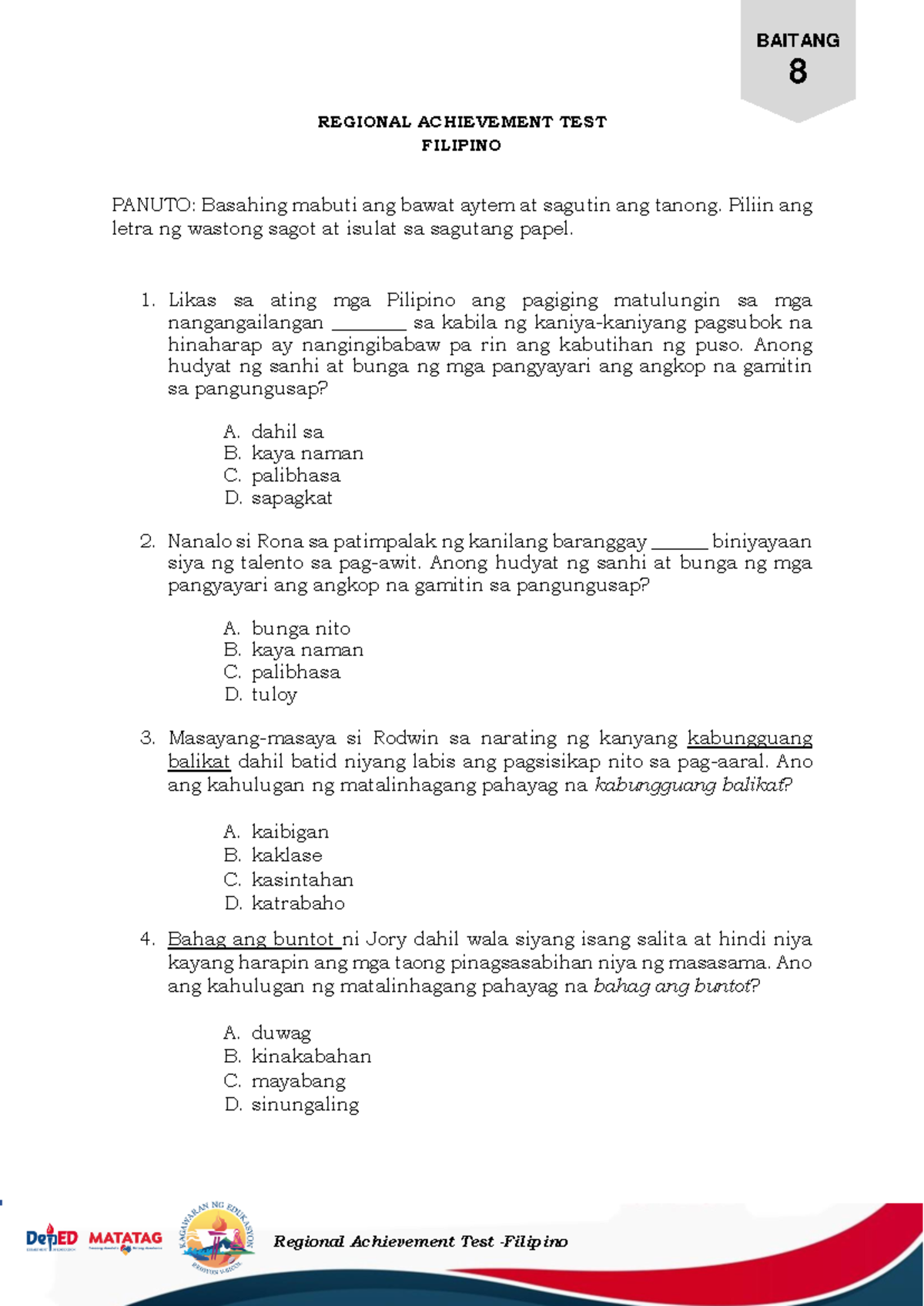 Filipino Baitang 8-RAT - REGIONAL ACHIEVEMENT TEST FILIPINO PANUTO ...