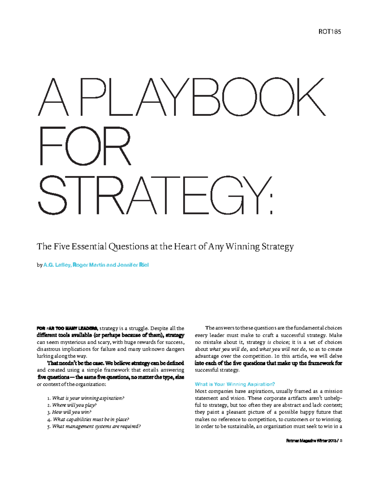 ROT185 Playbook for Strategy: 5 Essential Questions for Success - Studocu