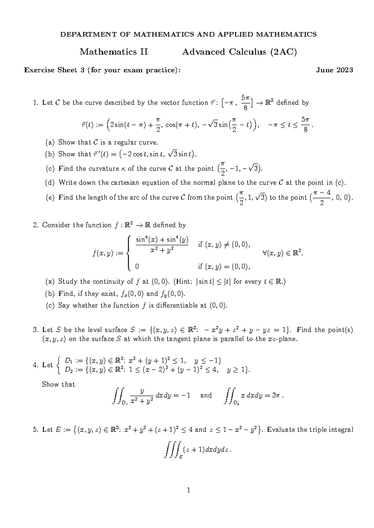 Mathematics II Advanced Calculus (2AC) Exam Practice Exercise Sheet 3 ...