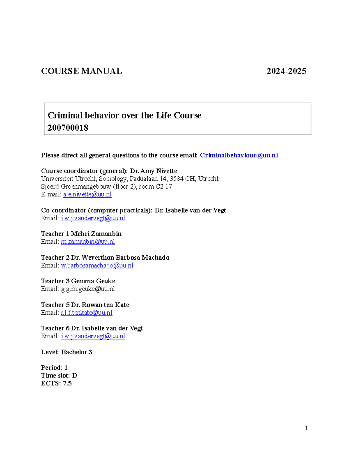 Criminal Behavior Course Manual BA 200700018: 2024-2025 Edition ...