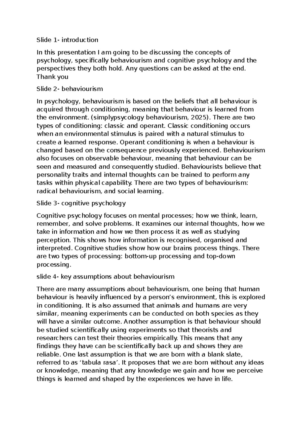 Unit 10 Final Script: Exploring Behaviourism & Cognitive Psychology ...