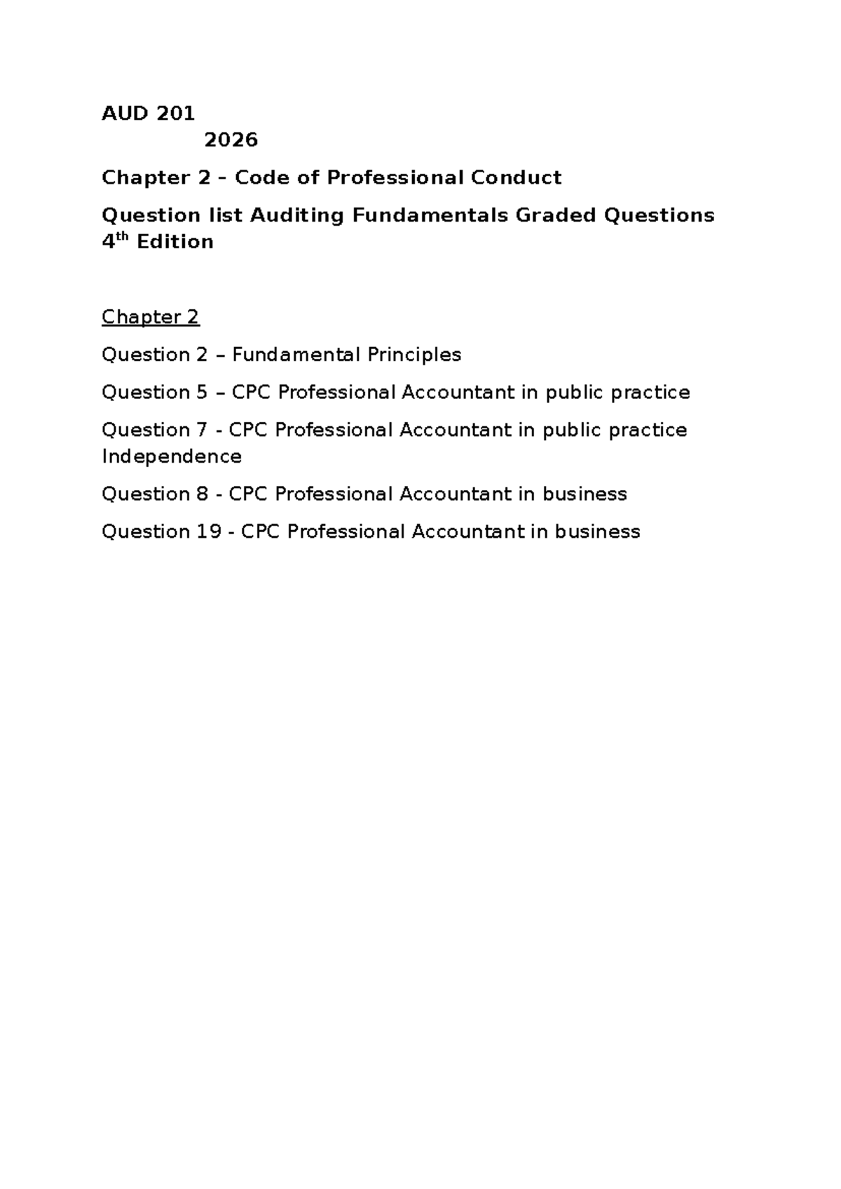 Chapter 2 CPC Question list - AUD201 - AUD 201 2026 Chapter 2 – Code of ...